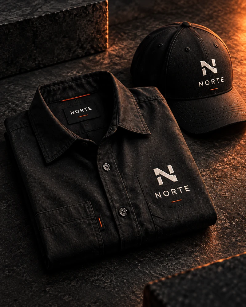 Camisa de trabajo doblada y gorra, las dos con el logotipo bordado de la misma marca.