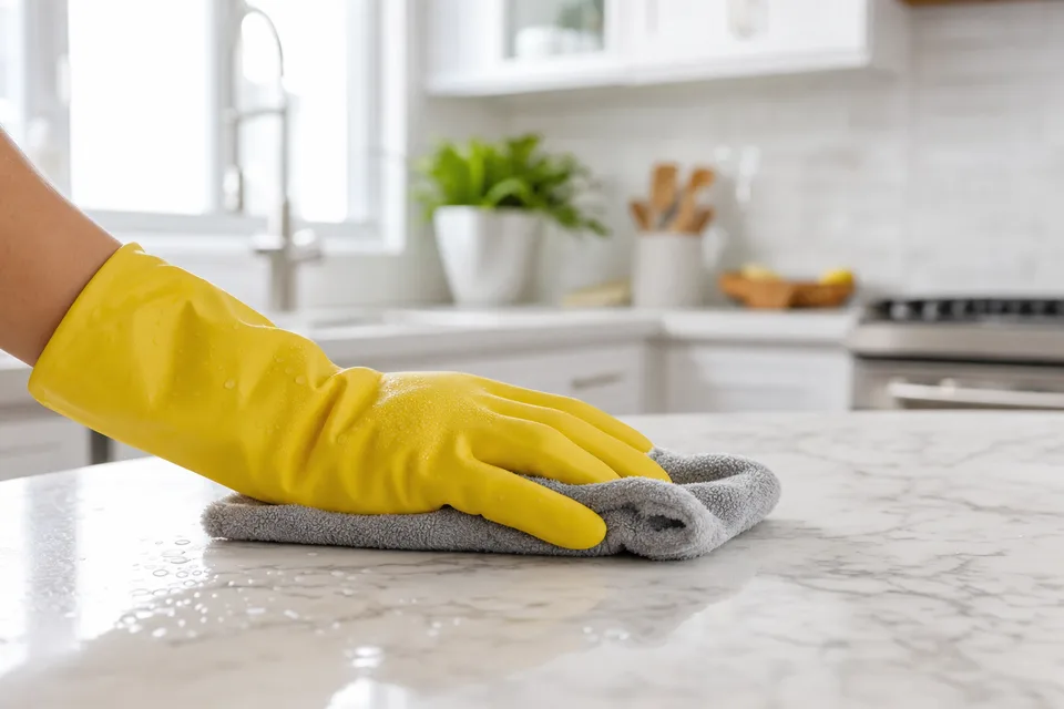 Anuncio de Brillo: mano con guante amarillo limpiando una barra de mármol.