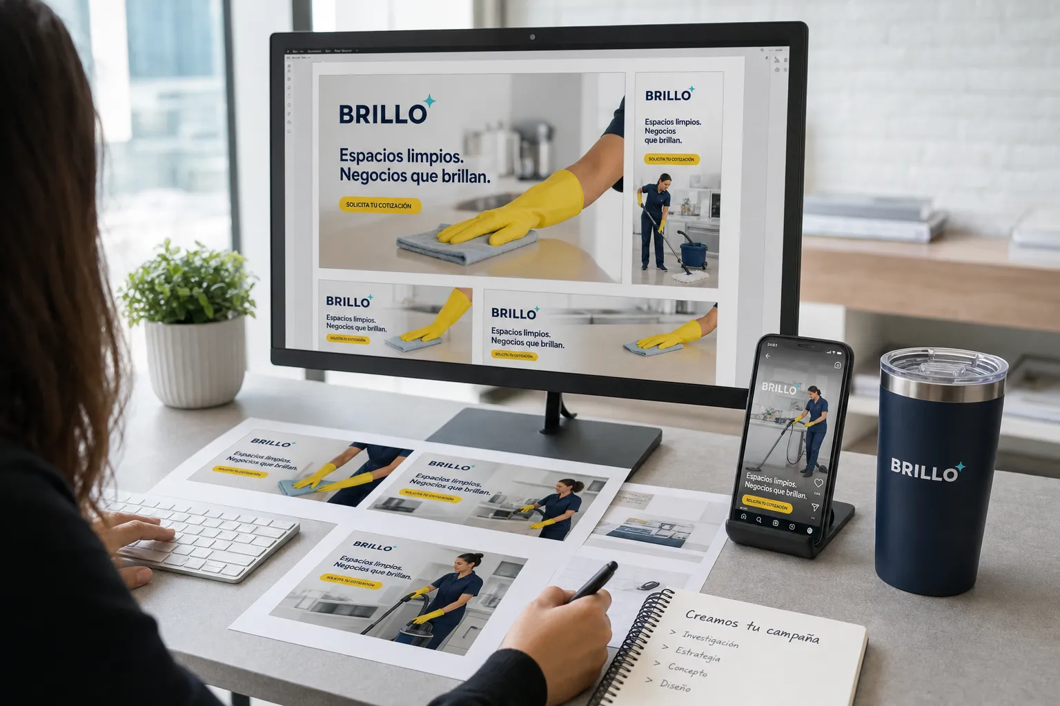 Escritorio con un monitor que muestra anuncios de Brillo, publicaciones impresas y un teléfono con un video de Brillo.