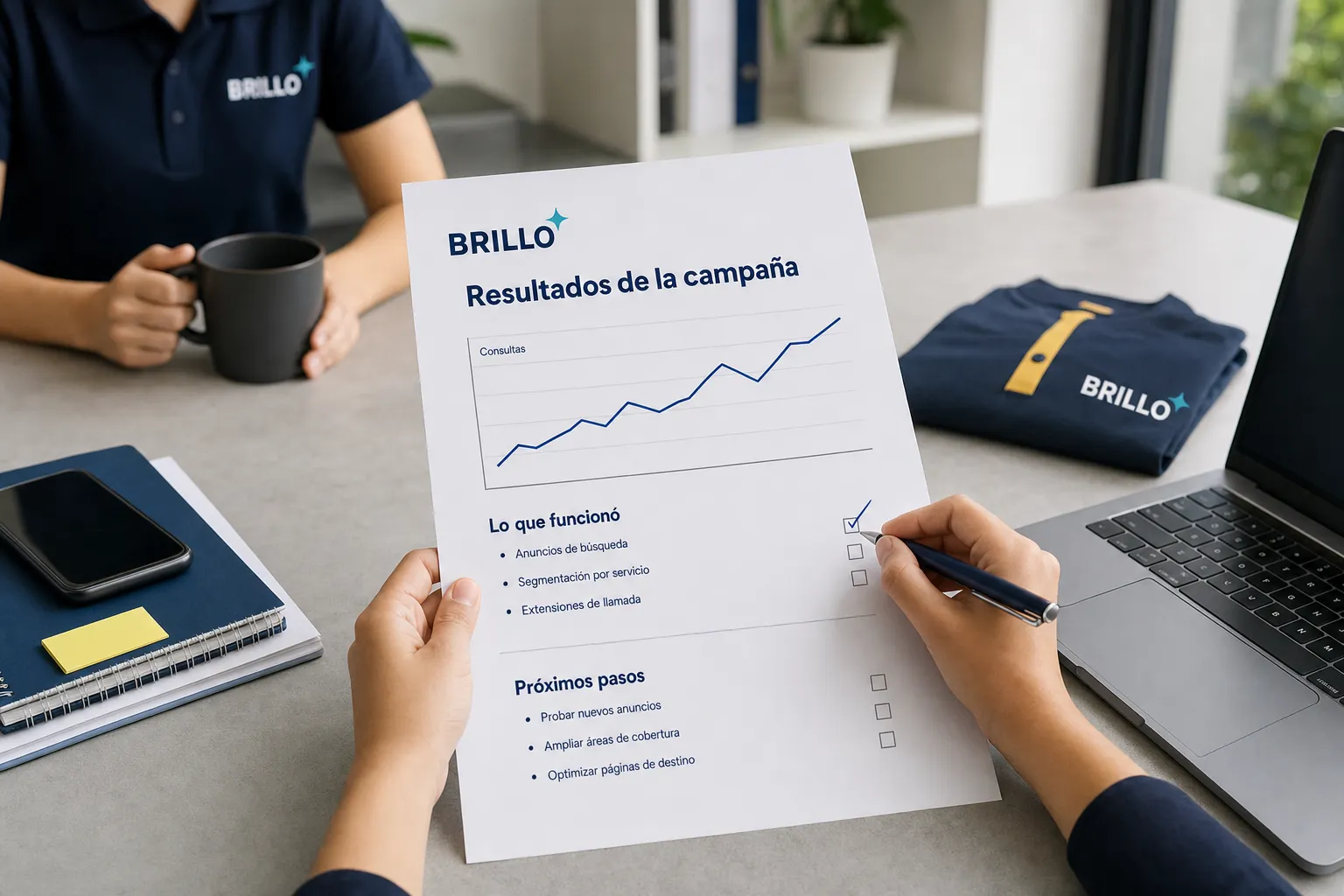 Manos sosteniendo un reporte impreso de la campaña con una gráfica de consultas sin cifras y los próximos pasos.