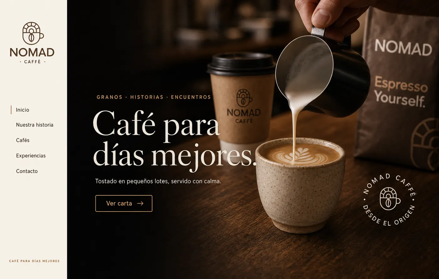 Sitio de Nomad Caffè: menú lateral color crema y foto de un latte con arte sobre madera, con el titular «Café para días mejores».